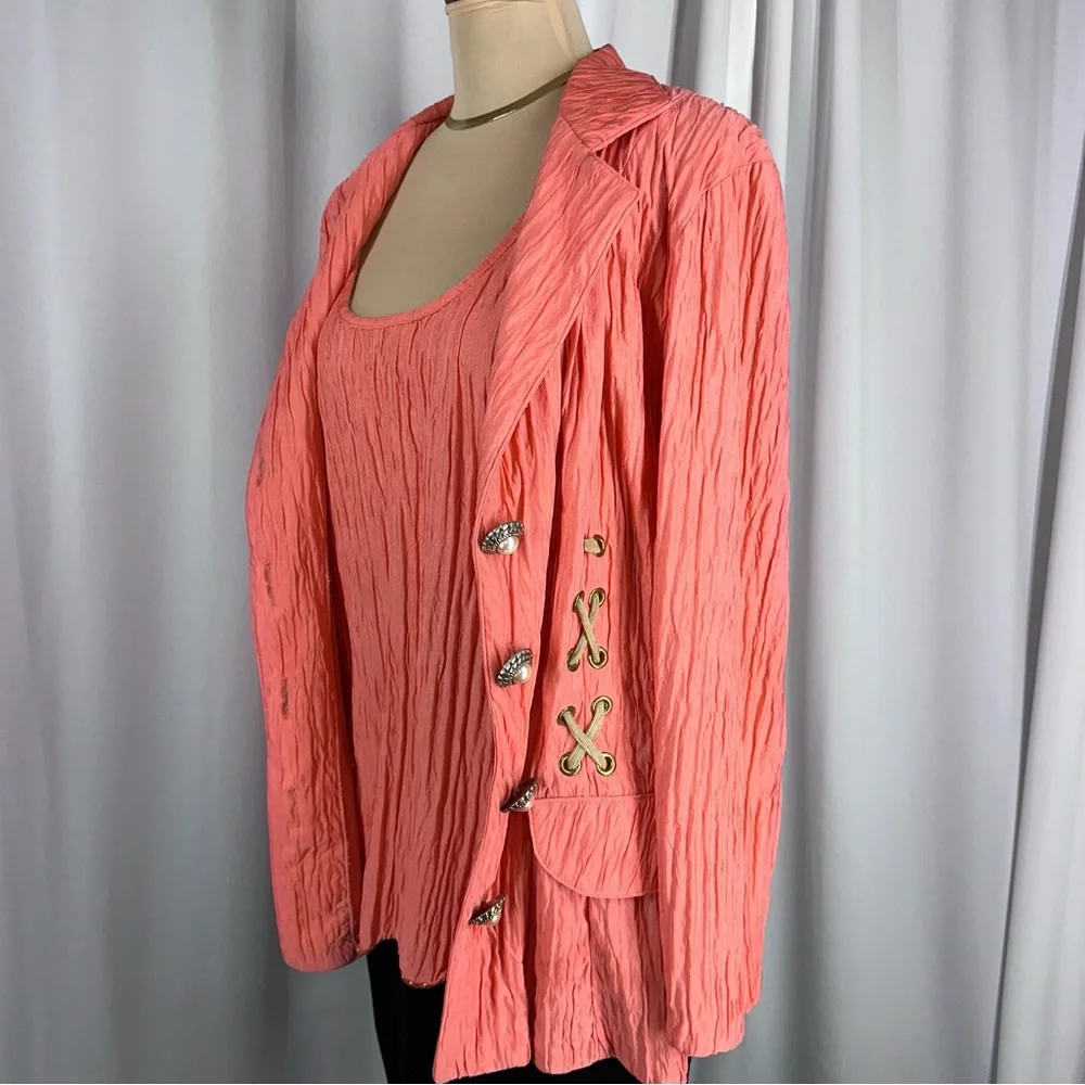 Vintage Sue Blue Tank And Jacket 2 Piece Set Sz‎ XL? Coral Crinkle USA Made READ